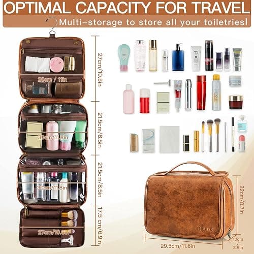 Elviros Hanging Toiletry Bag for Men Travel Essentials 3-in-1 Large Waterproof Dopp Kit PU Leather Shaving Bag with Separate Compartments for Grooming and Toiletries Mens Gift thumbnail 3