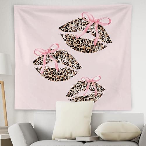 WNAGT Pink Coquette Bow Leopard Lips Tapestry Wall Hanging, Preppy Trendy Cheetah Print Kiss Lips Wall Blanket Decor for Girls Bedroom College Dorm Apartment Home, 50x60 Inch thumbnail 2