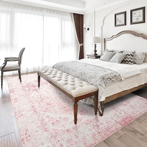 5x7 Washable Pink Area Rug, Upgraded Denser Surface Vintage Rugs, Honeycomb Non-Slip Backing Living Room Rug, Easy Care Foldable Rugs for Living Room Bedroom Kitchen Dinning Room Home Office thumbnail 2
