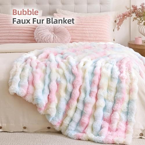 Smoofy Faux Fur Throw Blanket for Couch – Rainbow Fluffy Cozy Rabbit Fleece, Plush Soft Bubble Blanket for Sofa & Bed, for Mom, Warm Fuzzy Home Room Decor Throw 50" x 60" thumbnail 3