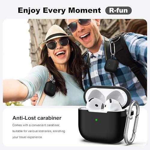 R-fun for AirPods 4 Case Silicone Cover, Black | Compatible with Apple AirPods 4th Generation with Keychain & Cleaner Kit, Wireless Charging Compatible thumbnail 2