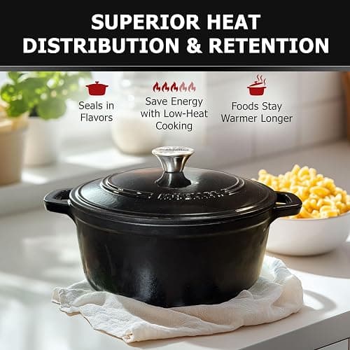 MUELLER HOME 6 Quart Enameled Cast Iron Pot Dutch Oven, Heavy-Duty Oven-Safe up to 500° F, & Across All Cooktops, Casserole Dishes for Ovens, Bread Pan with Lid and Knob, Cast Iron Cookware, Black thumbnail 4