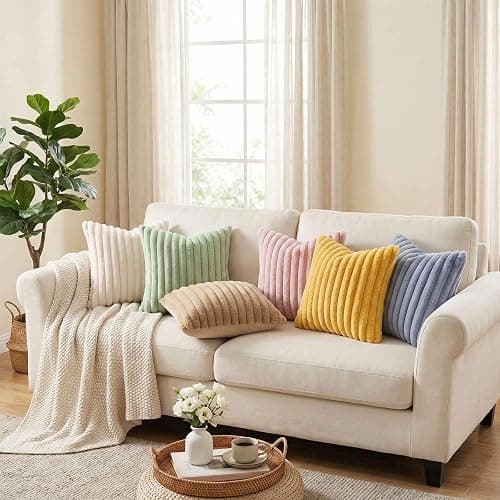 Pallene Faux Fur Decorative Throw Pillow Covers 18x18 Set of 2, Blush Pink | Luxury Plush Texture, Striped Design, Cozy Soft Touch, Modern Home Accent Decor for Couch, Sofa, Bed, Living Room thumbnail 6