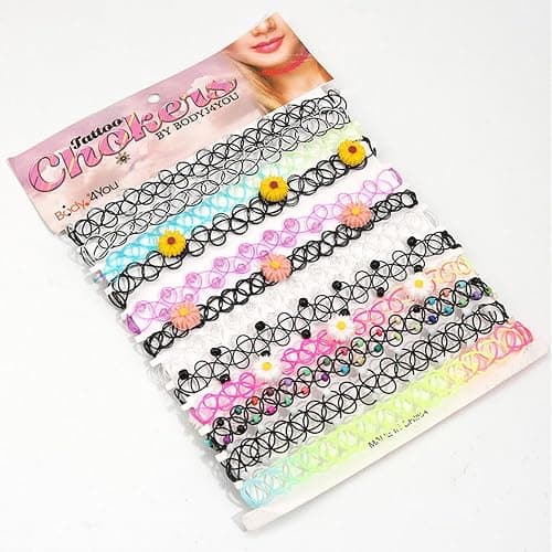 BodyJ4You 12PC Tattoo Choker Necklace for Women - 90s Choker Necklaces Y2K Fashion Trendy Vintage - Emo Black Choker Rainbow Pink White Purple Neon Green Blue Daisy Flower thumbnail 3