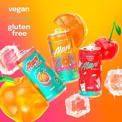 Alani Nu VARIETY PACK (CHERRY SLUSH, JUICY PEACH, ORANGE KISS), Low Calorie Energy Drinks, 100mg Caffeine, Biotin, B Vitamins, Zero Sugar, 10 Calories or Less, 8 Fl Oz Cans, 12 Pack thumbnail 4