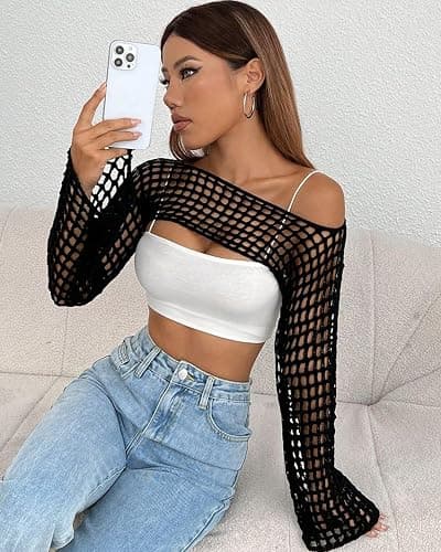 CAMNOW Womens Crochet Crop Tops Y2k Knit Shrug Sweater Hollow Out Long Sleeve Bikini See Through Cover Ups thumbnail 6