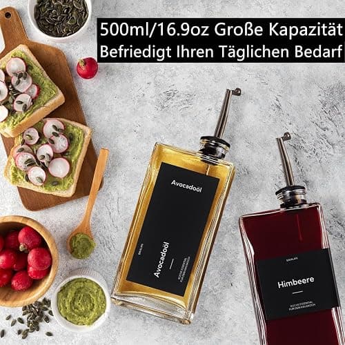 BIKALAN Ölflasche mit Ausgießer, Kaffee Sirup Spender Glas Set, Olivenöl Flasche Set, 500ML Ölspender Glas, Oil Dispenser Sirup Pumpspender mit 40 Aufkleber, Trichter (Schwarz, 500 Milliliter) thumbnail 4