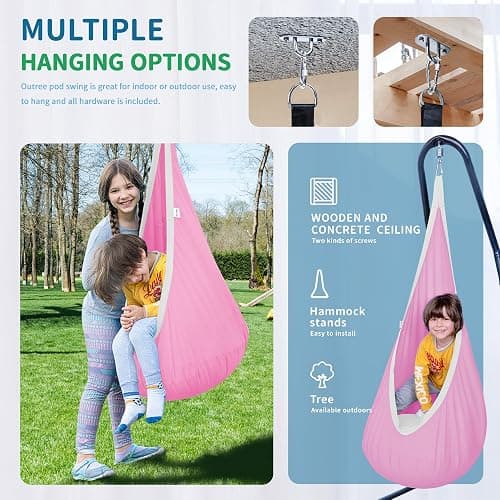 OUTREE Kids Pod Swing Seat, Cotton Child Hammock Swing Chair,Sensory Swing for Indoor and Outdoor Use, Pink thumbnail 5