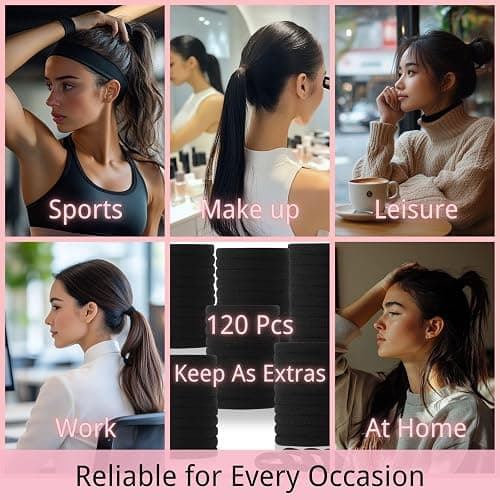 LuSeren 120PCS Black Hair Ties for Thick Hair – Seamless No Damage Elastic Ponytail Holders, Black Hair Band,Bulk Nylon Hair Elastics for Women thumbnail 7