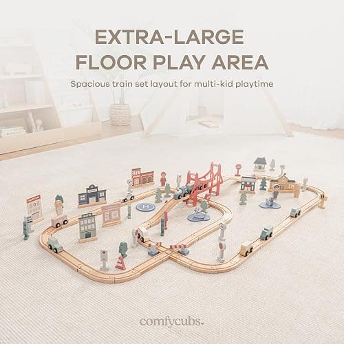 Comfy Cubs 100-Piece Wooden Train Set for Toddlers Ages 1+, Fun & Eco Friendly Toddler Train Set with Wooden Toy Tracks - Creative Toy Town Promoting Imaginative Play with Flexible Configuration thumbnail 3