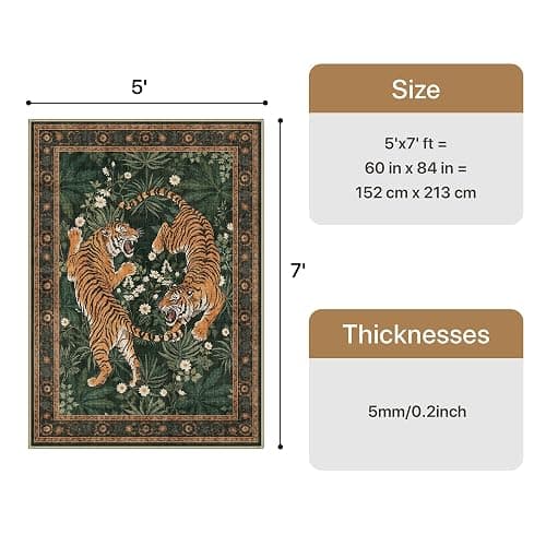 Bavni 5x7 Tiger Print Washable Area Rugs for Living Room Bedroom Non Slip | Vintage Oriental Boho Soft Thin Stain Resistant Low Pile, Botanical Forest Green Animal Carpet for Dining Room Nursery Office thumbnail 2