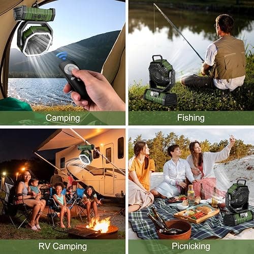 Odoland 30000mAh Camping Fan with LED Lantern, Rechargeable Battery Operated Oscillating with Remote & Hook, Portable Tent Fan with Timer, 4 Speeds for Outdoor Camp RV Jobsite Power Outage, Green thumbnail 2
