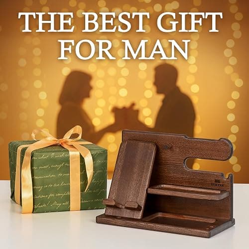 TESLYAR Wood Phone Docking Station for Men - Desk or Nightstand Organizer - Birthday Gifts for Husband, Dad - Anniversary Idea from Wife - Key Holder, Stand Wallet, Watch & Essentials (Bourbon Brown) thumbnail 9