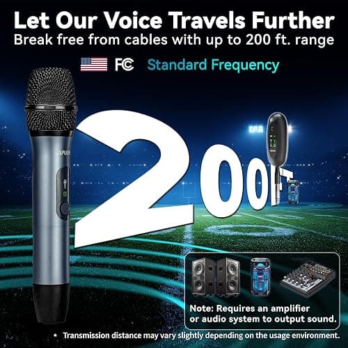 AFUOO Wireless Microphone Set for Singing, Speeches & Events, 2.4GHz Dual-Mic Receiver, 200ft, Storage Bag Included, Metal Cordless Mic 2 Pack for Karaoke Machines, PA Systems, PartyBox, Gray-Blue thumbnail 6
