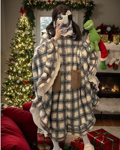 Neglance Plaid Hooded Cloak Plush Pajamas Robe Cute fuzzy Women's Winter Fleece Bathrobe with Pockets kawaii Loungewear thumbnail 6
