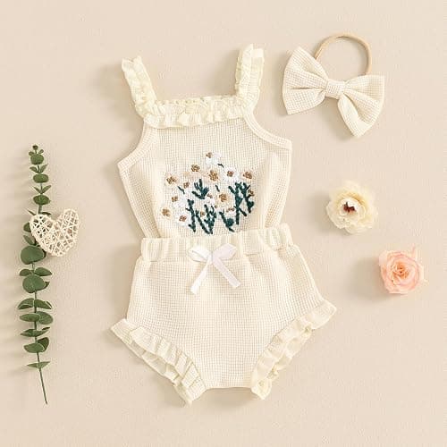 Kavousa Newborn Baby Girl Summer Clothes Floral Embroidery Hater Romper Bloomers Shorts Set Headband Cute Baby Girl Outfit thumbnail 2