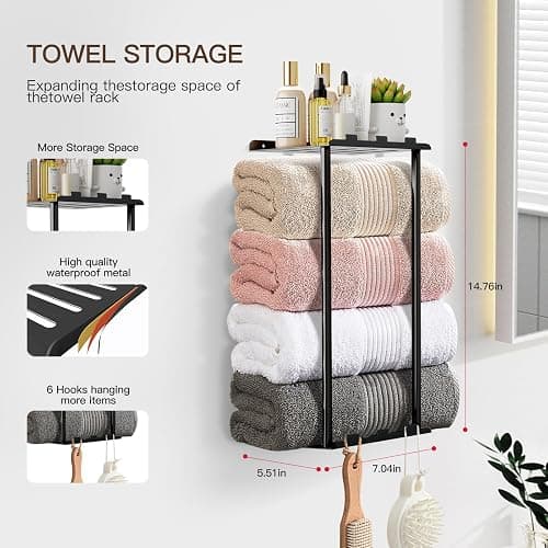 KISENG Towel Racks for Bathroom Towel Holder with Shelf & 6 Hooks,Space Saving Vertical Hanging Towel Rack, Sturdy Metal Wall Mounted Towel Storage Rack for Rolled Towels Organizer - Black - 14.76 Inch/2 Tier thumbnail 3