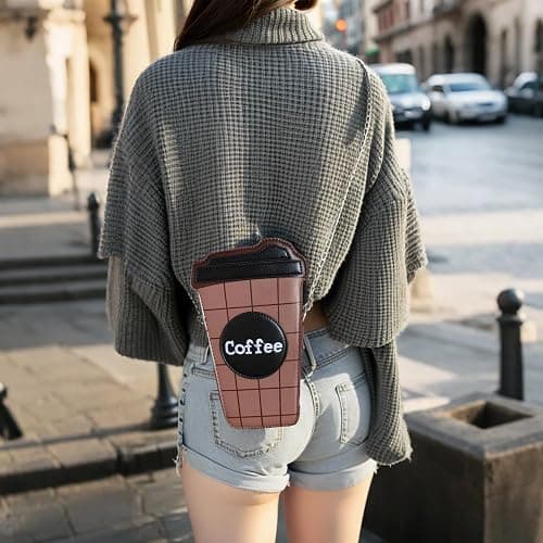 QHMCEXG Women's Small Brown Unique Trendy Fun Coffee Cup Shaped Vegan Leather Crossbody Purse Bag with Gold Chain thumbnail 8