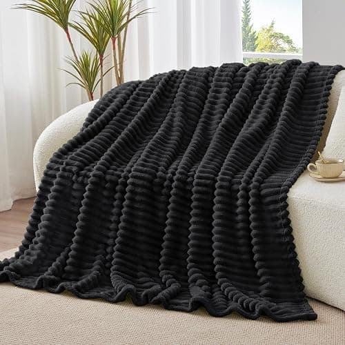 BEDELITE Fleece Throw Blanket for Couch - 300GSM Soft & Warm Fluffy Black Blanket, Decorative and Giftable Striped Blankets for Women, Men, 50"x60" thumbnail 3