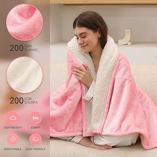 ESTINGO Heated Blanket Throw, Electric Throw Blanket with 5 Heating Levels & 4 Hours Auto Off, Soft Cozy Flannel Sherpa Electric Heated Blanket with ETL Certified for Office, 50"x60", Pale Pink thumbnail 2