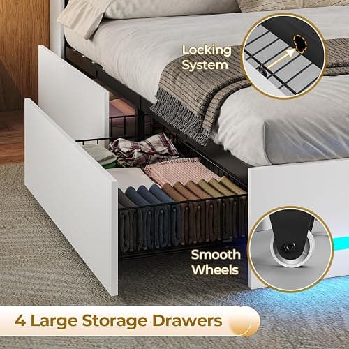 VIAGDO Full Size Bed Frame with Bookcase Headboard, Wooden Bed Frame Full Size with Charging Station, 4 Storage Drawers and LED Lights, with Type-C and USB, No Box Spring Needed, White thumbnail 6