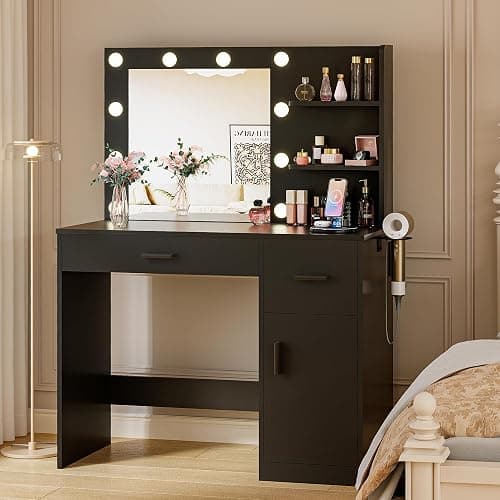 JUMMICO 35.4" Vanity Desk with LED Mirror & Power Outlet, Makeup Vanity Table with 3 Open Storage Shelves, Drawers and Cabinet, 3 Model Adjustable Lights for Bedroom & Dressing Room (Black) - Image 1