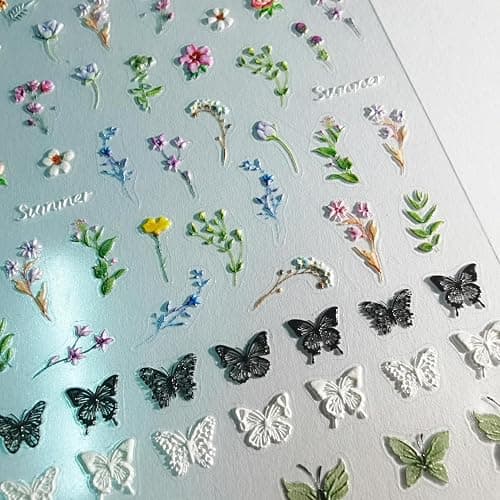 picksweet Flower Nail Stickers for Nail Art Decals Charms,5D Embossed Floral Butterfly and Heart Gem, Self-Adhesive 5 Styles Craft Nail Supplies 2 Sheets with Tweezers Kit for Women Decoration thumbnail 7