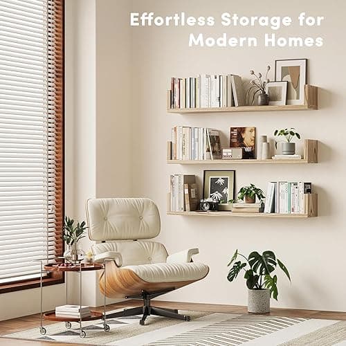 Wall Bookshelf, Set of 3, 36 Inches U Shaped Wall Shelves, Long Deep Floating Shelves for Wall, Large Floating Book Shelves - Wood Hanging Bookshelves for Kitchen, Bedroom (Light Brown, 36 Inches) - Light Brown - 36 Inches thumbnail 2