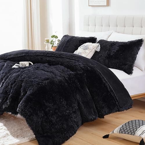 Smoofy Fluffy Queen Comforter Set, Faux Fur Black Comforter Set Queen Size, Luxury Fuzzy Bedding Set, Soft Shaggy Bed Set for All Season, 3 Pieces - 1 Comforter & 2 Pillowcases - Image 1