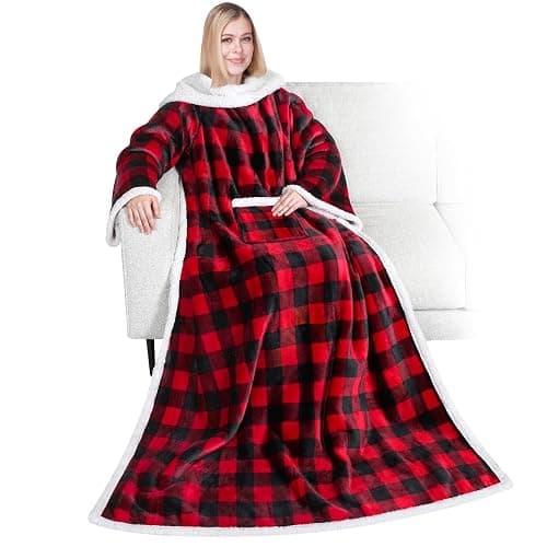 PAVILIA Wearable Blanket with Sleeves and Pocket for Women Men, Sherpa Trim | 250 GSM (Fleece) / 430 GSM (Sherpa Lining), Warm Soft Plush Snuggle Pocket Sleeved TV Throw Wrap, Cozy Gift Ideas Mom Wife - Image 1