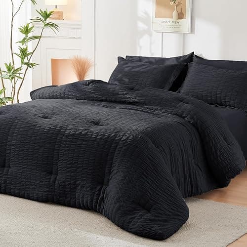 HYMOKEGE Black Full Size Comforter Sets Seersucker 7 Pieces, All Season Luxury Bed in a Bag for Bedroom, Bedding Set with Comforters, Sheets, Pillowcases & Shams thumbnail 8