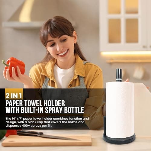 BLUJAYE 2 in 1 Paper Towel Holder with Spray Bottle - Matte Black Paper Towel Holder Countertop & Spray Bottle - Rust-Resistant Metal Base Standing Paper Roll Mount for Kitchen, Bathroom & Garage thumbnail 5