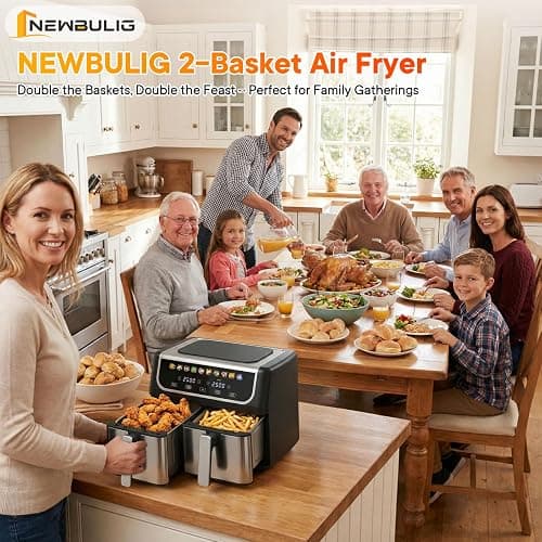 NEWBULIG Dual Air Fryer with 2 Baskets 9.5 QT, 10 in 1 Large Air Fryers with Ceramic Crisper Plate, Match Cook, Sync Finish, Shake Reminder, 80-450°F Wide Temp, Roast, Defrost, Dehydrate, Bake, Black thumbnail 4
