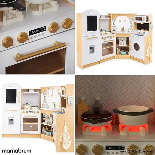 Mamabrum Cuisine en Bois pour Enfants 3+, Cuisinière à Jouets Interactive XXXL avec Éclairage LED, Cafetière et Accessoires - Pots, Ensemble Légumes et Fruits - Jusqu'à 50 Pièces thumbnail 7