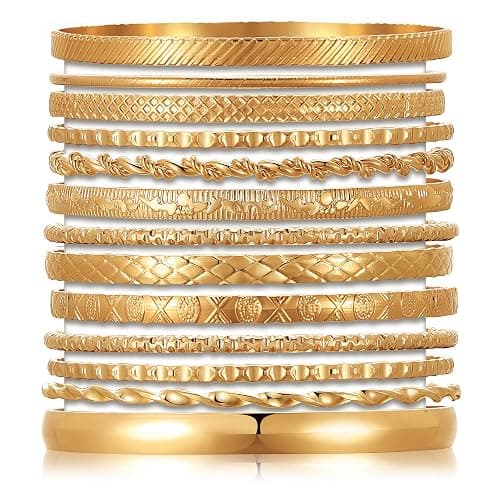 17IF Gold Bangle Bracelet For Women, 14k Multilayer Charm Textured Stackable Bracelets Boho Indian Chunky Cuff Fashion Jewelry Gift thumbnail 8