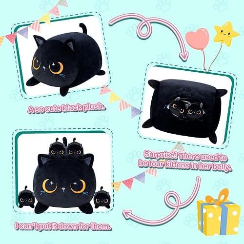 YIIQUWEN Black Cat Plush Cute Cat Stuffed Animal with 4 Baby Soft Pillow Christmas, Thanksgiving, Birthday Gift for Girls Boys Kids Decor thumbnail 4