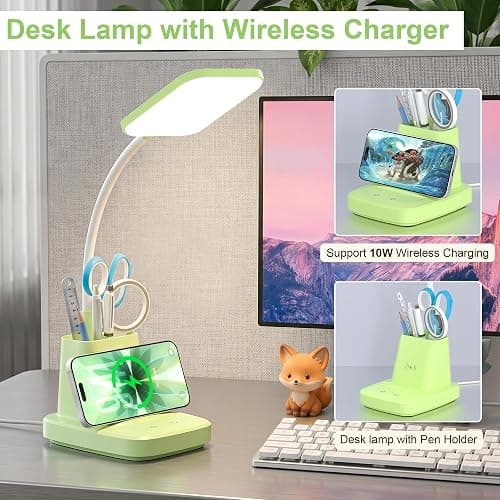 Sailstar Desk Lamp, LED Desk Lamps for Home Office, Wireless Charger Small Desk Lamp with Pen Holder, CRI 85, 800LM,3 Color Dimmable, Study Lamps for College Dorm Room, Adapter Included, Green thumbnail 2