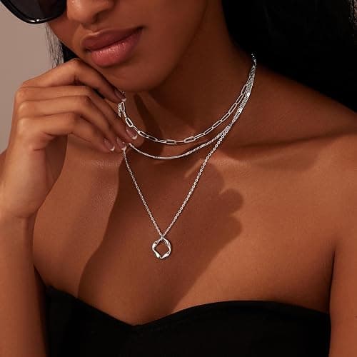 Poxtex Layered Gold Necklaces for Women,Stackable Dainty 14K Gold Silver Plated Trendy Circle Paperclip Chain Pendant Choker Necklace,Simpl Diamond Cross Bow Jewelry Set Gifts for Women thumbnail 3