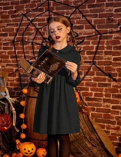Arshiner Girls Long Sleeve Dress Fall Winter Ruffle Peter Pan Collar Front Button Casual Cotton Dresses thumbnail 5