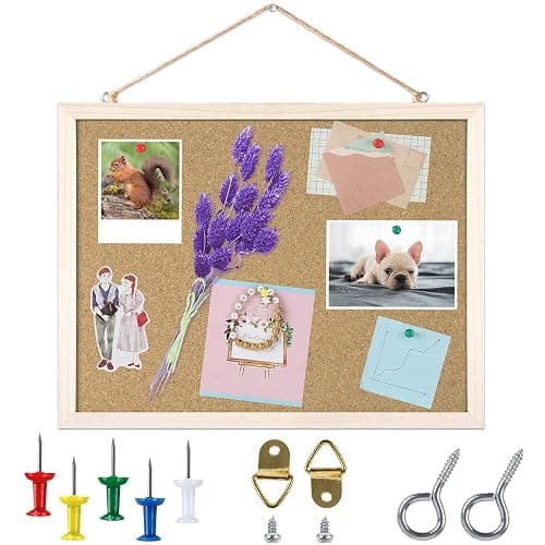 Cork Board Bulletin Board - 15.7 X 12 Inches Vision Board Wood Frame Corkboard Message Board Wall Mounted Pin Board for School, Home & Office (with Pins, Eye Bolts, Gaskets, Screws) - Image 1
