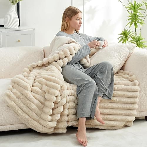 Cozy Bliss Faux Fur Throw Blanket for Couch, Cozy Warm Plush Striped Blanket for Sofa Bedroom Living Room,50 * 60 Inches Beige - Beige - Throw(50" x 60") thumbnail 3