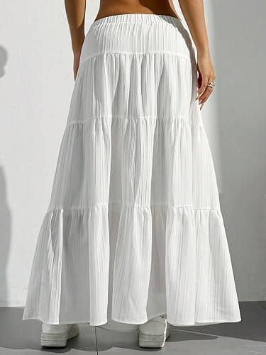 DERAX Women's Boho Flowy White Maxi Skirt Flared Ruffle Elastic Waist Summer A Line Long Skirts thumbnail 2