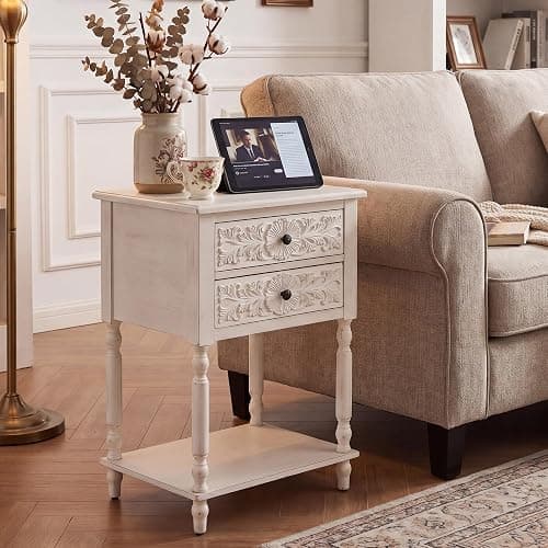 COSIEST Antique White 2-Drawer Nightstand with Open Shelf, 28.5 Inch Tall French Vintage Bedside Table, Hand-Carved Floral End Table for Living Room thumbnail 4