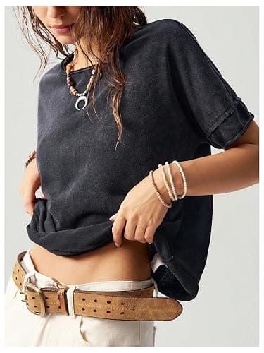 Milumia Women's Butterfly Cut Out Back T-Shirt Short Sleeve Washed Tee | Crew Neck, Vintage, Loose Fit, Contrast Mesh, Solid, Casual Going Out, Summer, Streetwear Tops thumbnail 4