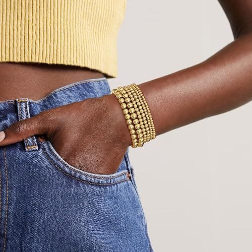 Eaciy Gold Bracelets for Women, 14K Gold Plated Beaded Bracelets Gold Strand Bead Ball Bracelet Stack Set Adjustable Bracelet Set Waterproof Jewelry for Women Gifts Non Tarnish - 03-6PCS thumbnail 3