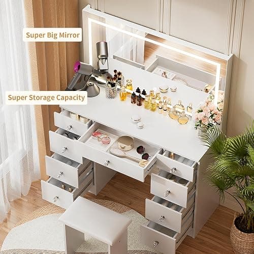 VOWNER Vanity With Lighted Mirror - Makeup Desk With Power Outlet and 9 Drawers, 3 Color Lighting Modes Adjustable Brightness, 43" Table With Soft Cushioned Stool for Bedroom, White thumbnail 6