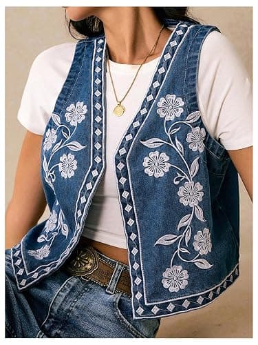 GORGLITTER Women's Embroidered Vest Boho Jean Top Western Rodeo Outfit Sleeveless Cropped Floral Denim Jacket thumbnail 3