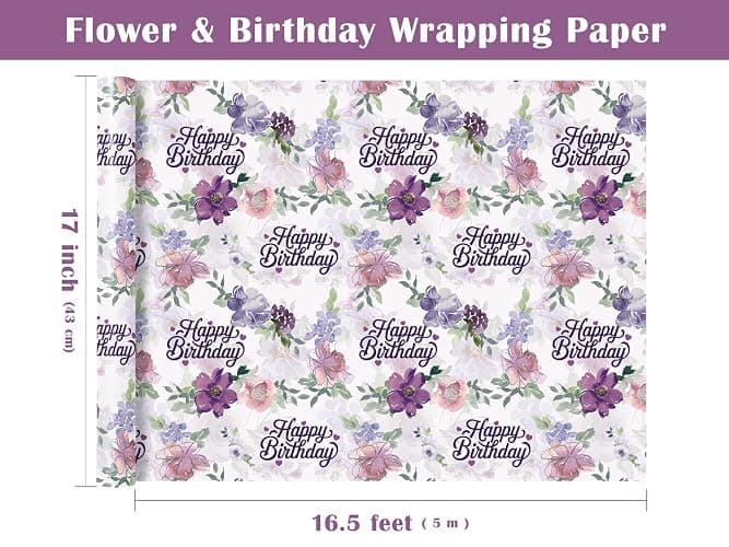 WRAPAHOLIC Birthday Wrapping Paper Roll - Mini Roll - 17 Inch x 16.5 Feet - Happy Birthday with Purple Flower Wrapping Paper for Girls Women, Baby Shower, Wedding thumbnail 3