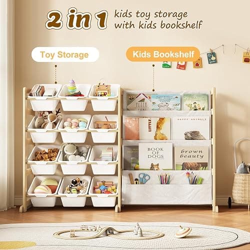 EXPERLAM Toy Storage Organizer with Bookshelf, Kids Toy Organizer and Storage Shelf with 12 White Bins, Solid Pine Wood Book Rack for Playroom, Nursery, Kids Room, Toys and Books thumbnail 7