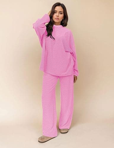 MISSACTIVER Women's 2 Piece Striped Lounge Set Long Sleeve Oversized T-Shirt Wide Leg Pants Matching Pajamas Set thumbnail 4